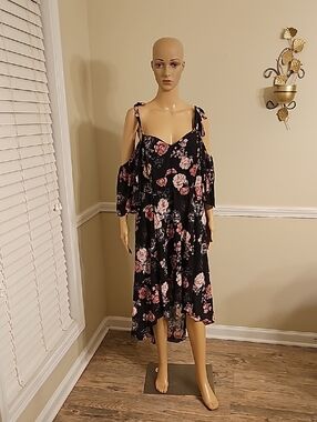 torrid Black Cold-Shoulder Midi Dress with Pink Floral Print